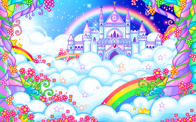 a pixel art castle in the clouds with a rainbow