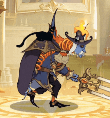a cartoon character holding a sword and a black cat on his back