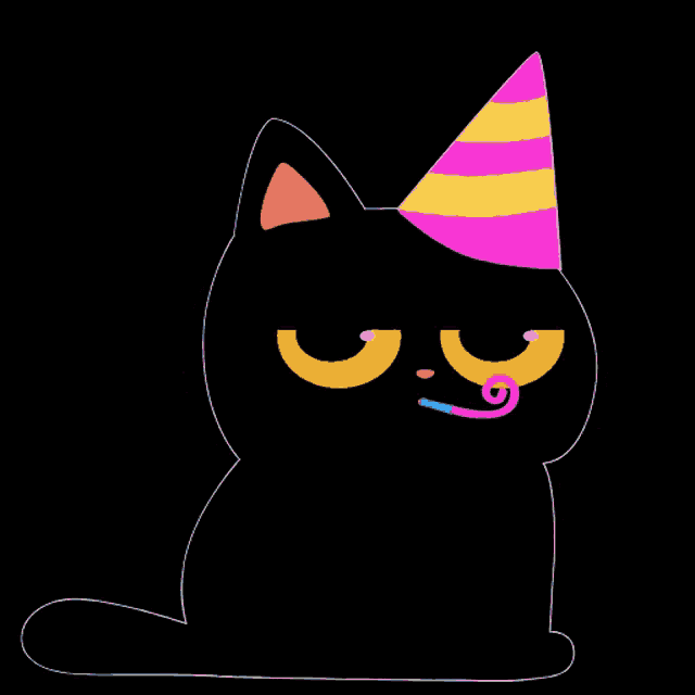 a black cat is wearing a pink party hat and blowing a party horn .