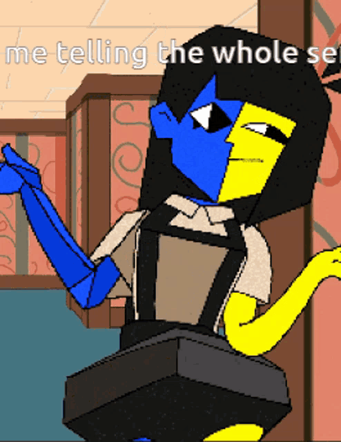 a cartoon character with the words " me telling the whole story " above him