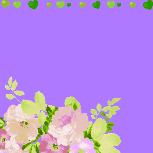 a purple background with pink flowers and green hearts with arabic writing on it
