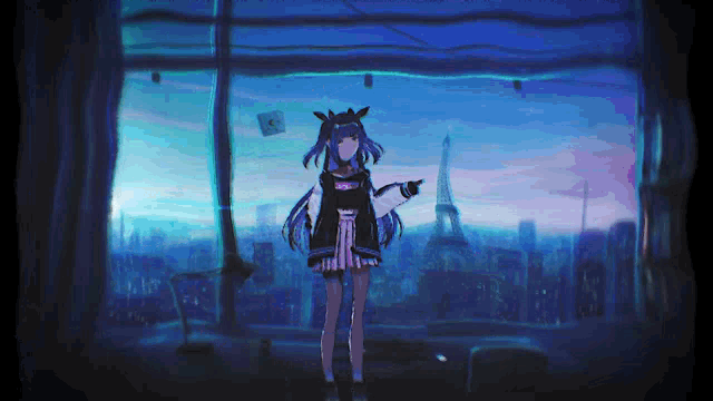 a girl with purple hair is standing in front of a window