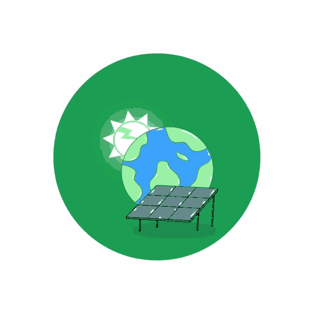 a green circle with a globe and a solar panel on it