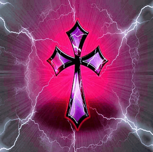 a purple cross is surrounded by lightning bolts on a pink background .