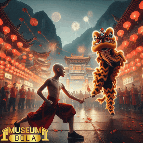 a poster for museum bola shows a monk and a lion dancing