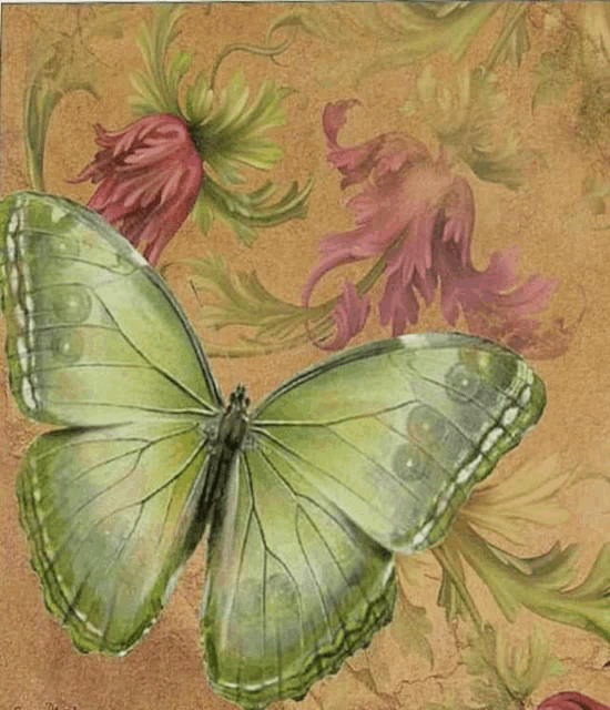 a green butterfly is sitting on a brown background with flowers