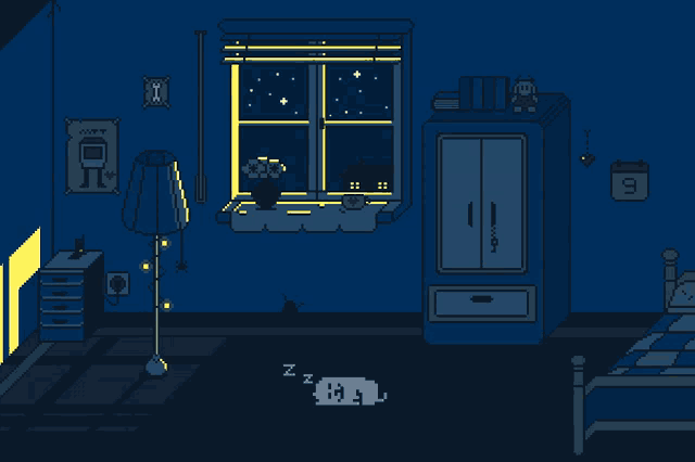 a pixel art illustration of a bedroom with a cat sleeping