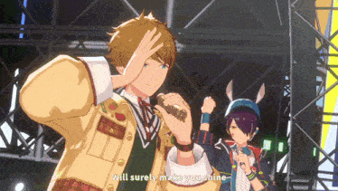 a video game character says " will surely make you shine " while holding a microphone