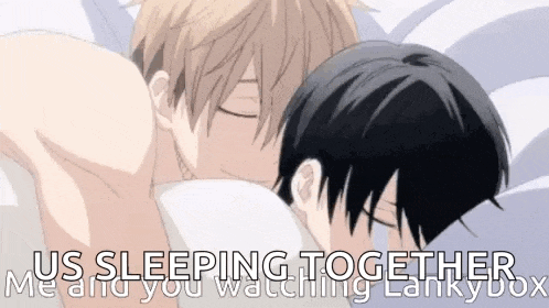 two anime boys are sleeping together in a bed .