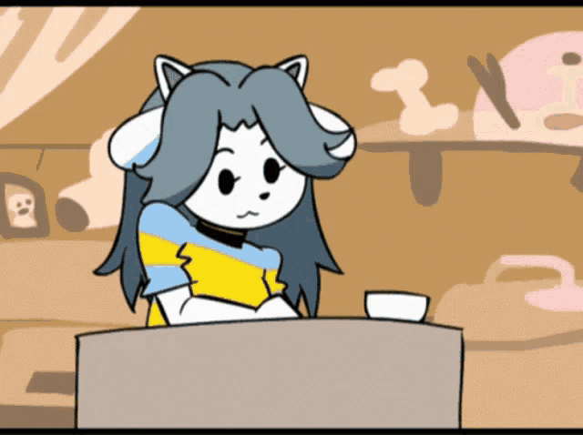 a cartoon of a cat sitting at a table