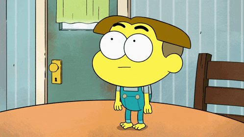 a cartoon character is standing on a table with a door in the background