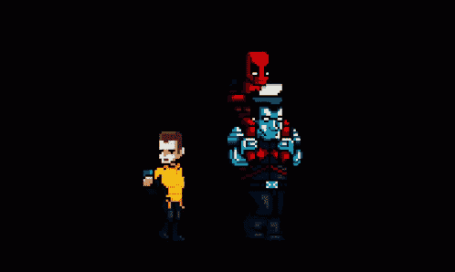 a pixel art of a man standing next to a deadpool character