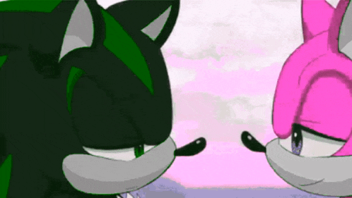 a black and a pink cartoon character are looking at each other and touching noses .