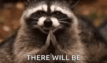 a raccoon is praying with his hands folded in front of his face .