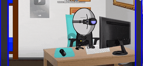 a cartoon character is sitting at a desk looking at a computer monitor .