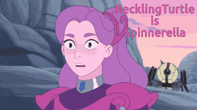 a cartoon of a girl with purple hair and the words " reckling turtle is spinnerella "