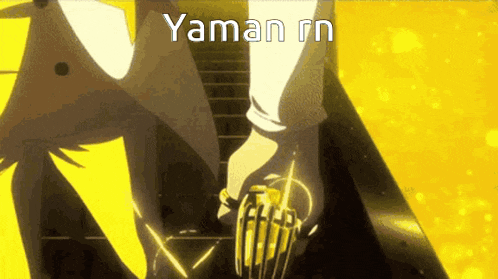 a man in a suit is holding a woman 's hand in front of a yellow background that says yaman