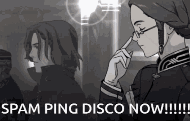 a man and a woman are standing next to each other with the text spam ping disco now