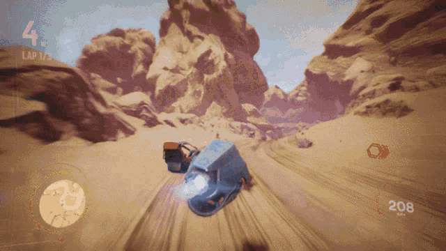 a video game shows a car driving down a dirt road and the number 4 is on the screen
