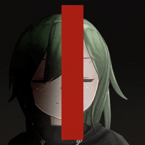 a drawing of a girl with green hair and a red line in the middle