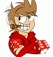 a cartoon character in a red hoodie is holding two dice and smoking a cigar