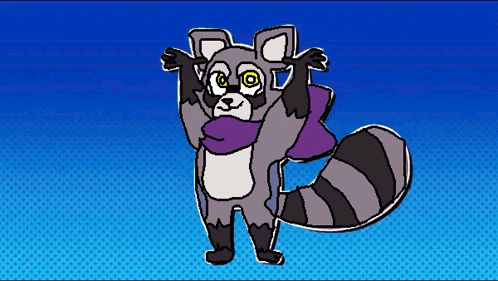 a cartoon drawing of a raccoon with a purple scarf around its neck