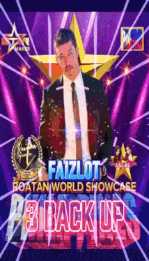 a man in a suit and tie is standing in front of a purple background that says faizlot