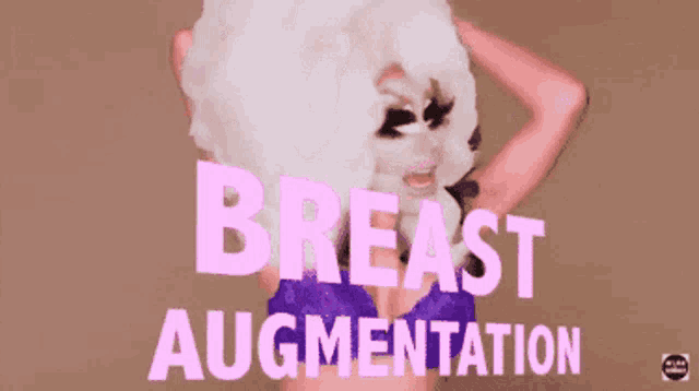 a woman in a white wig is standing in front of a sign that says " breast augmentation "