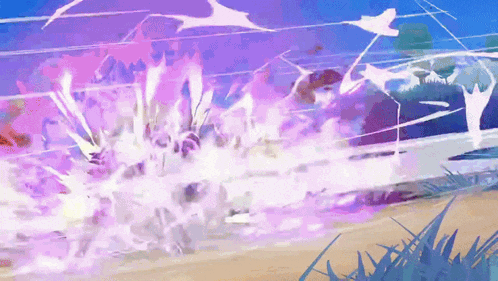 a painting of a purple and white explosion with a blue background
