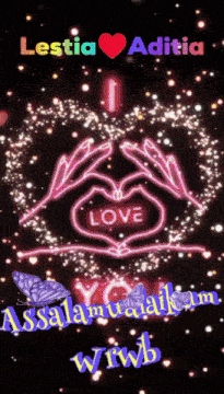 a glowing pink heart with the word love written on it