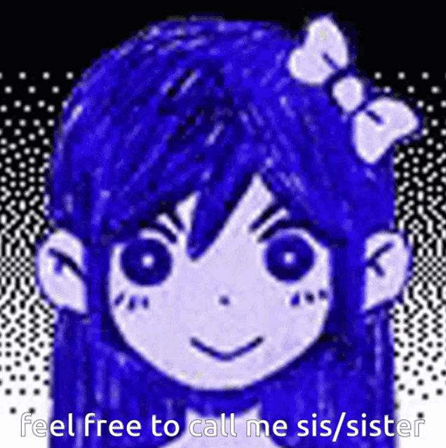 a drawing of a girl with blue hair and a white bow on her head