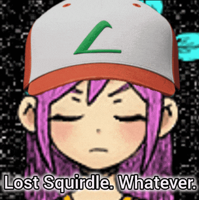 a girl with purple hair is wearing a hat that says lost squirtle whatever on it
