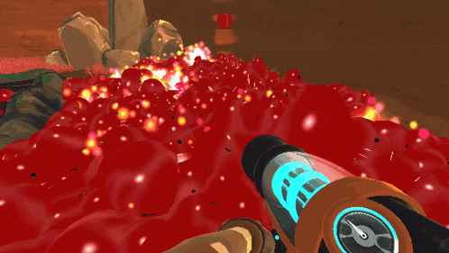 a screenshot of a video game shows a person holding a gun with a blue circle on it