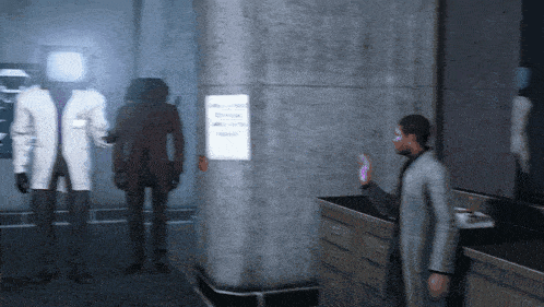 a man in a lab coat is standing next to a pillar with a sign on it