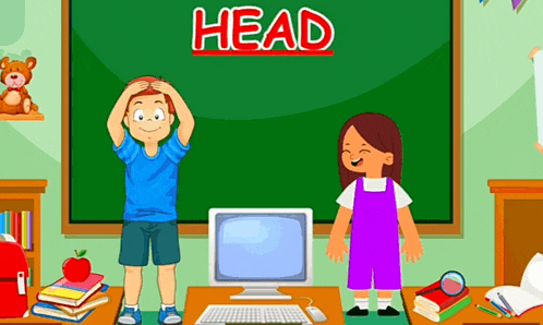 a boy and a girl are standing in front of a computer in front of a chalkboard that says head .