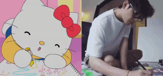 a hello kitty drawing next to a person drawing