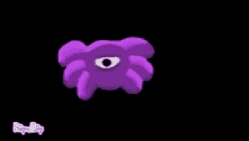 a purple monster with a white eye is floating in the air on a black background .
