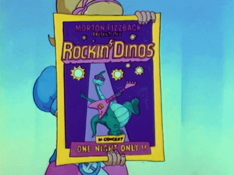 a cartoon character is holding up a poster for rockin ' dinos