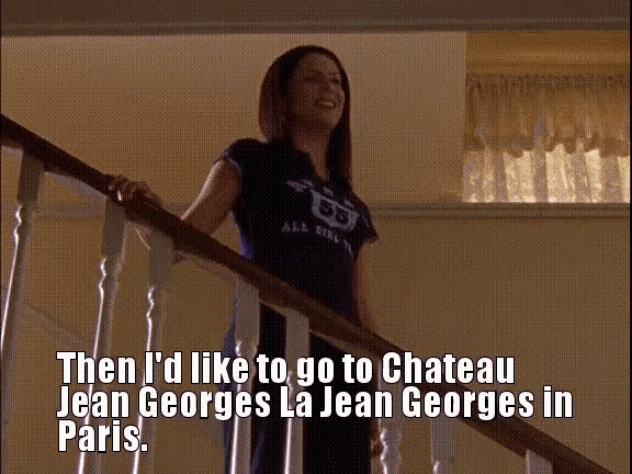 a woman standing on a set of stairs with a caption that says then i 'd like to go to chateau