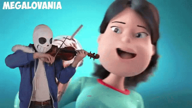 a man in a skeleton mask is playing a violin next to a woman who is smiling