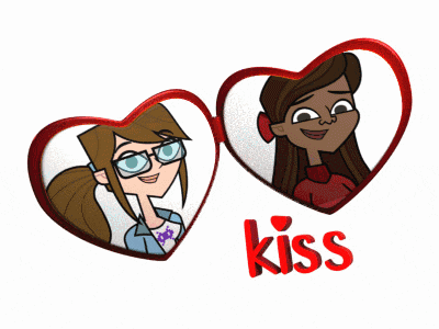 two cartoon girls in hearts with the word kiss underneath them