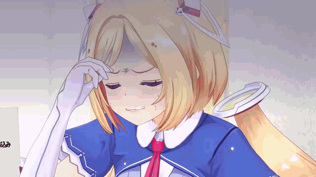 a girl with blonde hair and white gloves is covering her face with her hand