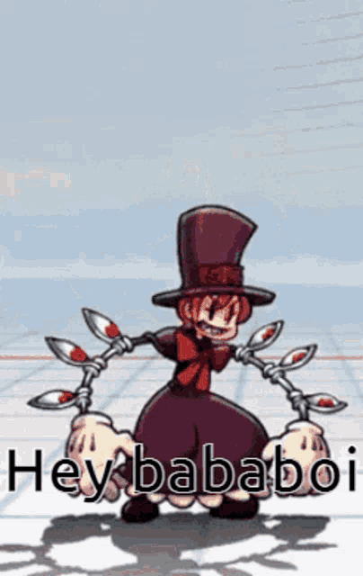 a cartoon character wearing a top hat and a bow tie says hey bababoi