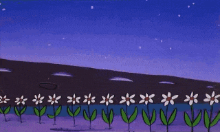 a cartoon of a man standing next to a row of flowers