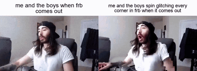 a man with long hair and a beard is sitting in front of a computer screen with a caption that says me and the boys