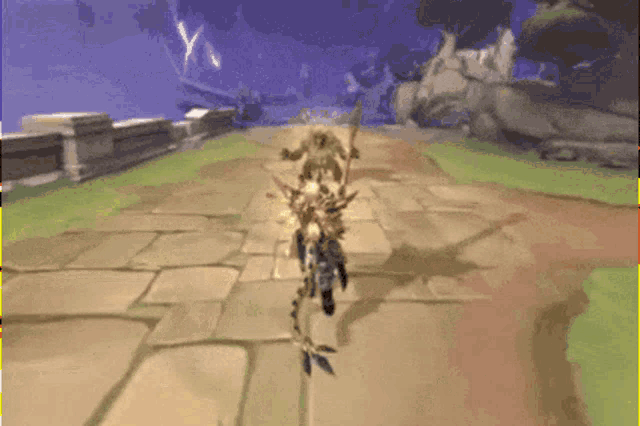 a video game character is riding a dragon on a brick road