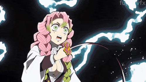 a girl with pink hair and green eyes is holding a flower .
