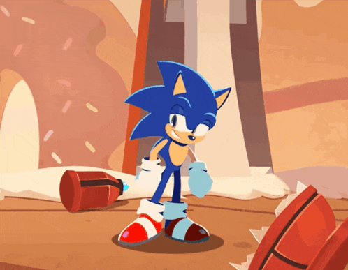 a cartoon drawing of sonic the hedgehog standing on a wooden surface