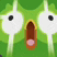 a close up of a green cartoon character with a surprised look on its face .