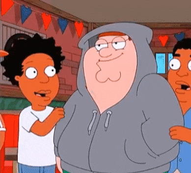 peter griffin from family guy is wearing a hoodie and talking to two other people .